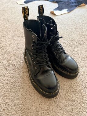 Dr. Martens Black Leather Platform Lace-Up Boots with Yellow Stitching